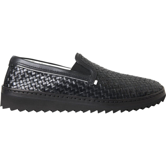 Black Woven Buffalo Leather Men Loafers Shoes