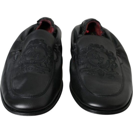 Black Logo Embroidered Leather Loafer Men Dress Shoes