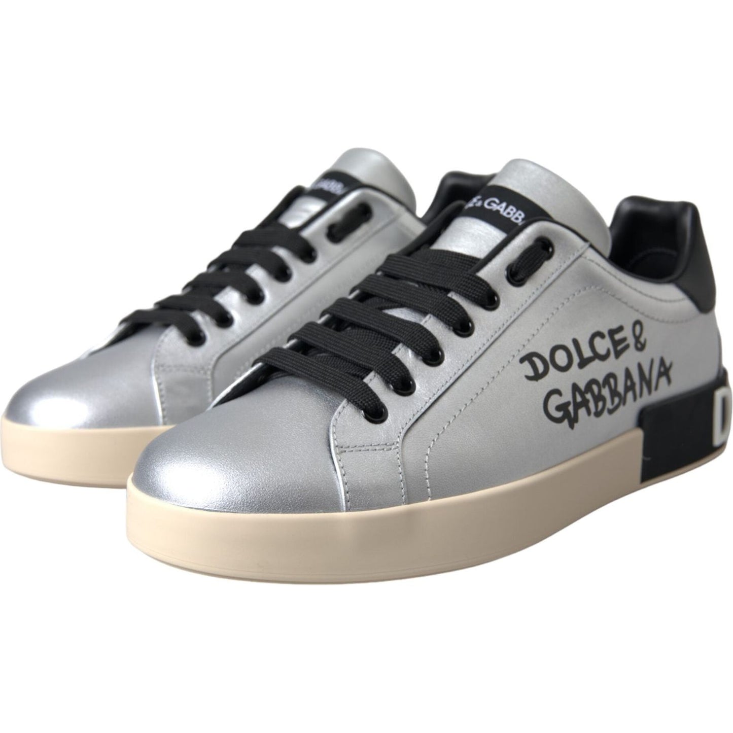 Dolce & Gabbana Silver Portofino Calf Leather Sneakers Men Shoes Dolce & Gabbana