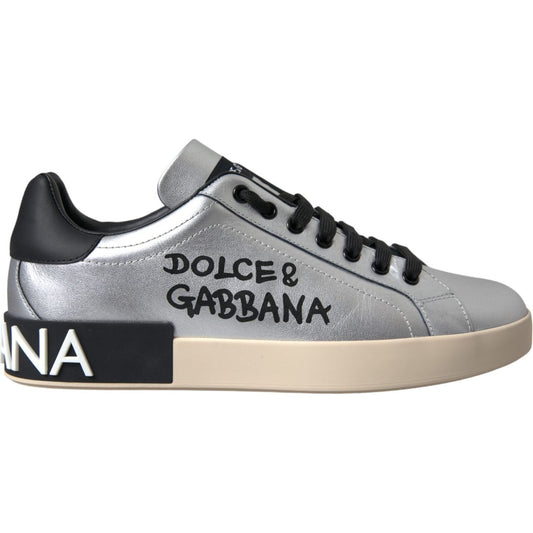 Dolce & Gabbana Silver Portofino Calf Leather Sneakers Men Shoes Dolce & Gabbana