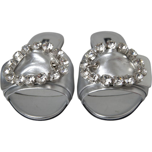 Dolce & Gabbana Silver Crystal Leather Flats Sandals Shoes Dolce & Gabbana