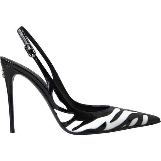 Black White Zebra Leather Slingback Shoes