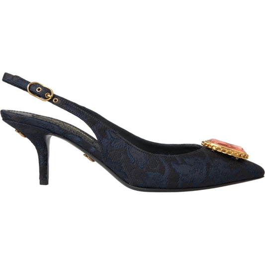 Blue Jacquard Crystal Slingback Heel Shoes