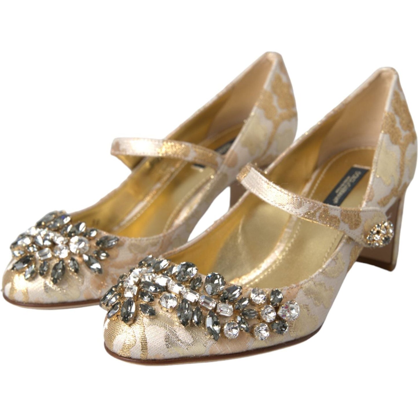 Dolce & Gabbana Gold Jacquard Crystal Mary Janes Pumps Shoes Dolce & Gabbana