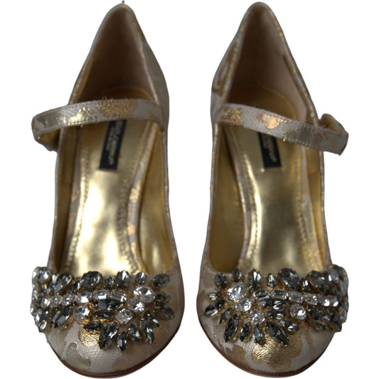 Dolce & Gabbana Gold Jacquard Crystal Mary Janes Pumps Shoes Dolce & Gabbana