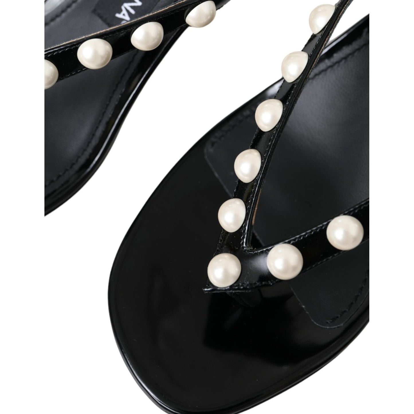 Dolce & Gabbana Black Leather Faux Pearl Heel Sandals Shoes Dolce & Gabbana