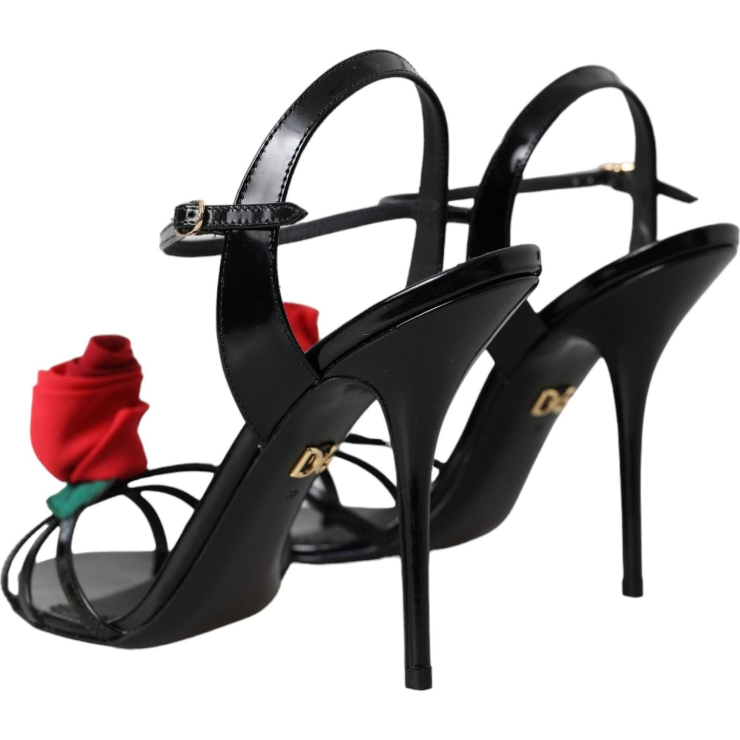 Dolce & Gabbana Black Leather Rose Ankle Strap Heels Sandals Shoes Dolce & Gabbana