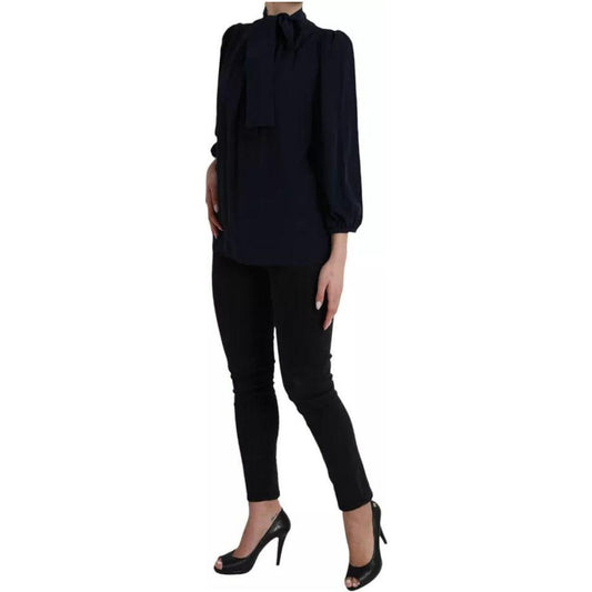 Dolce & Gabbana Blue Long Sleeves Ascot Collar Blouse Top Dolce & Gabbana