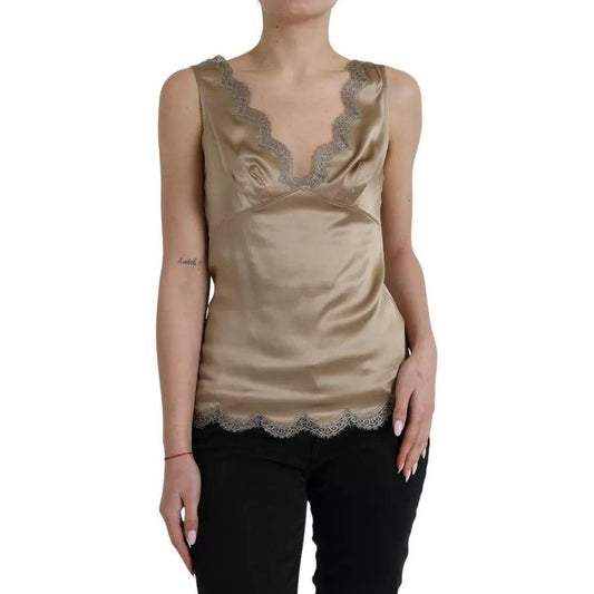 Dolce & Gabbana Brown Lace Trim V-neck Sleeveless Tank Top Dolce & Gabbana