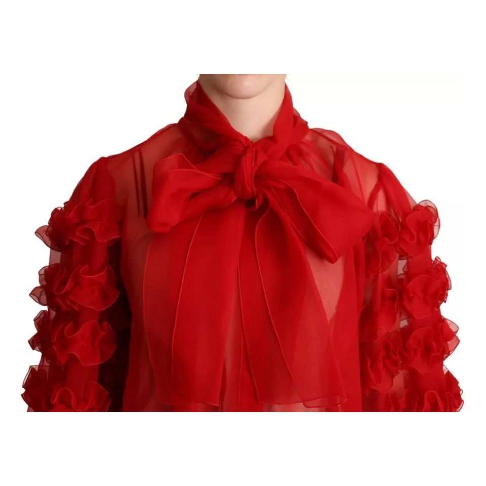 Dolce & Gabbana Red Silk Ascot Collar Ruffles Blouse Top Dolce & Gabbana