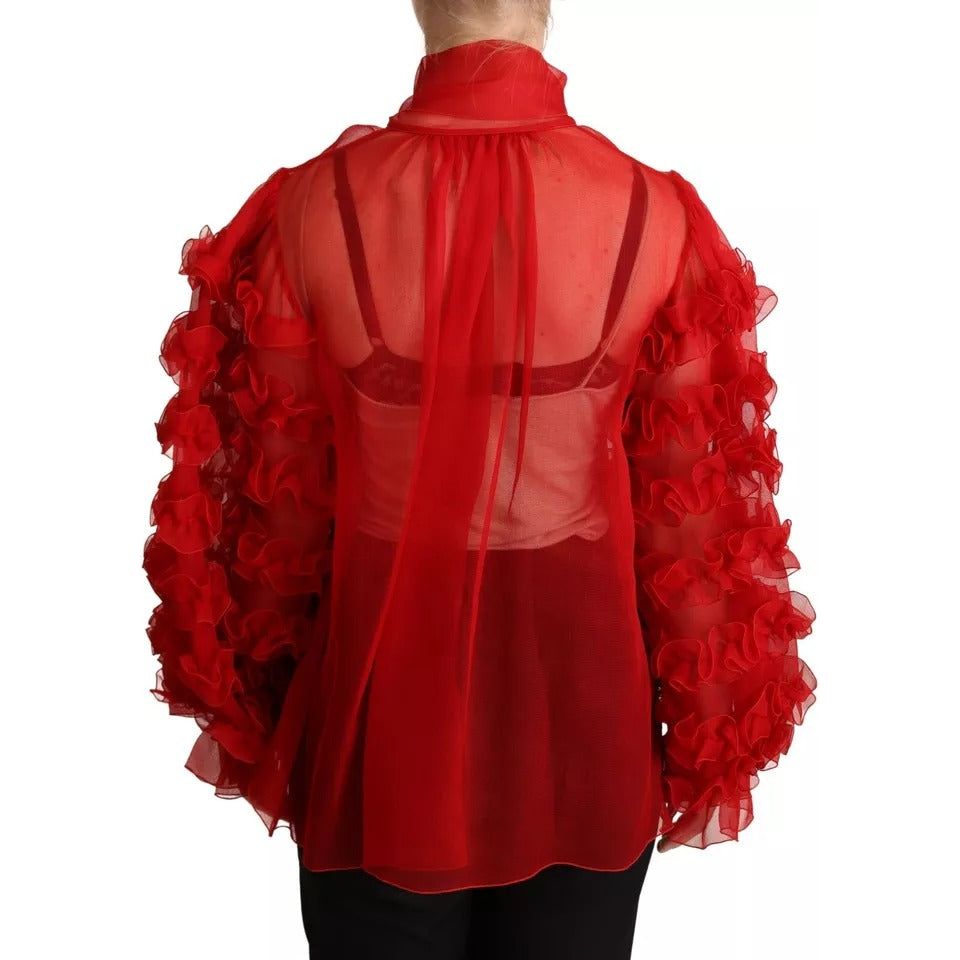 Dolce & Gabbana Red Silk Ascot Collar Ruffles Blouse Top Dolce & Gabbana