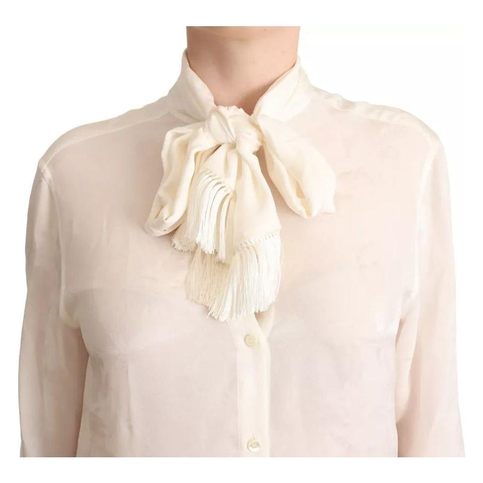 Dolce & Gabbana White Blouse Ascot Collar Shirt Silk Button Top Dolce & Gabbana