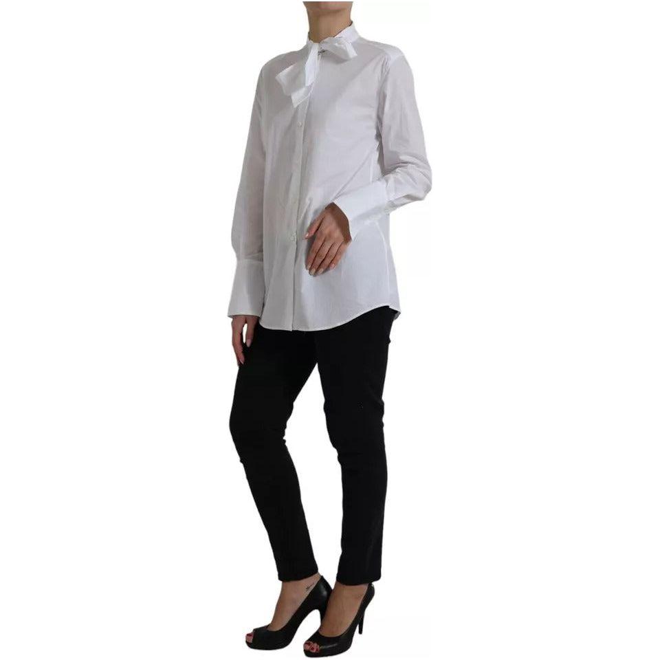 Dolce & Gabbana White Cotton Ascot Collar Long Sleeves Top Dolce & Gabbana