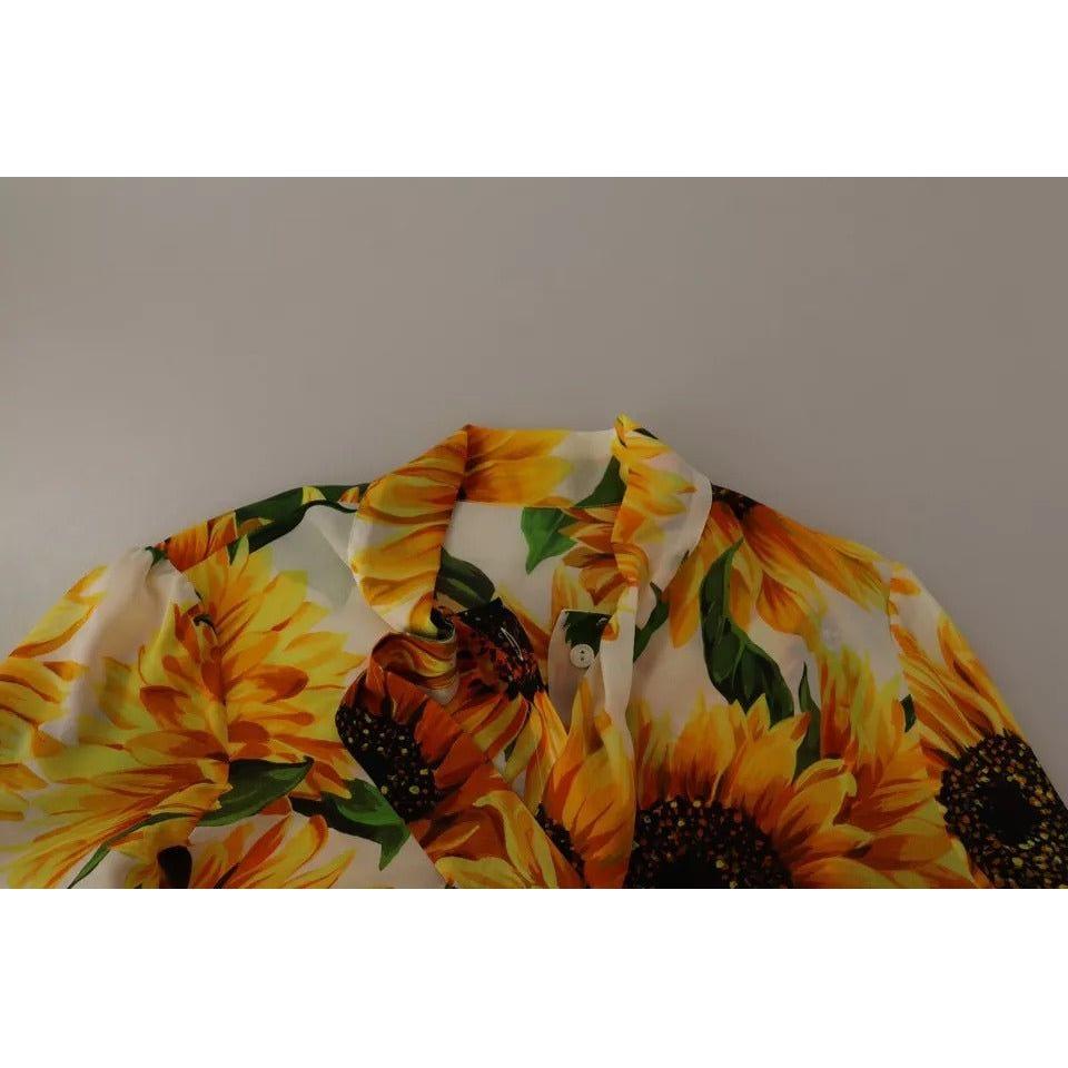 Dolce & Gabbana White Sunflower Silk Ascot Collar Blouse Top Dolce & Gabbana