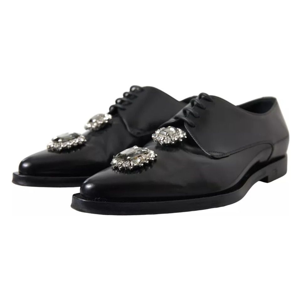 Dolce & Gabbana Black Leather Crystal Lace Up Formal Shoes Dolce & Gabbana