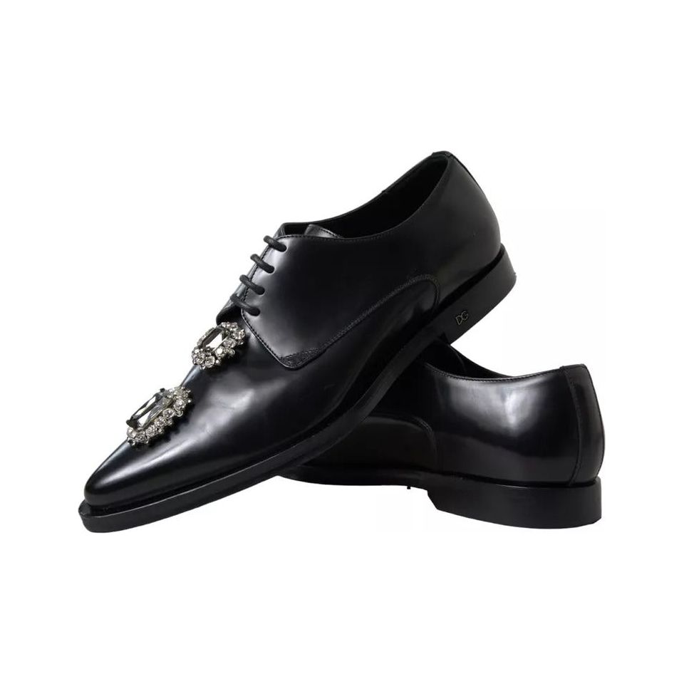 Dolce & Gabbana Black Leather Crystal Lace Up Formal Shoes Dolce & Gabbana