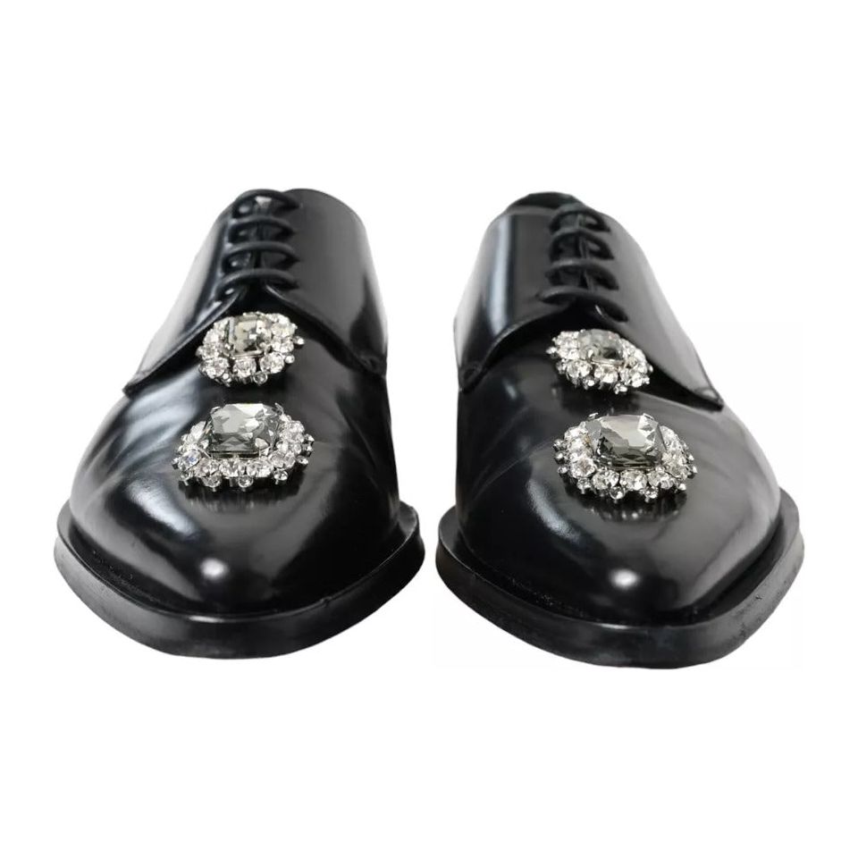 Dolce & Gabbana Black Leather Crystal Lace Up Formal Shoes Dolce & Gabbana