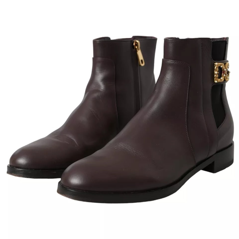 Dolce & Gabbana Brown Leather AMORE Flats Ankle Boots Shoes Dolce & Gabbana