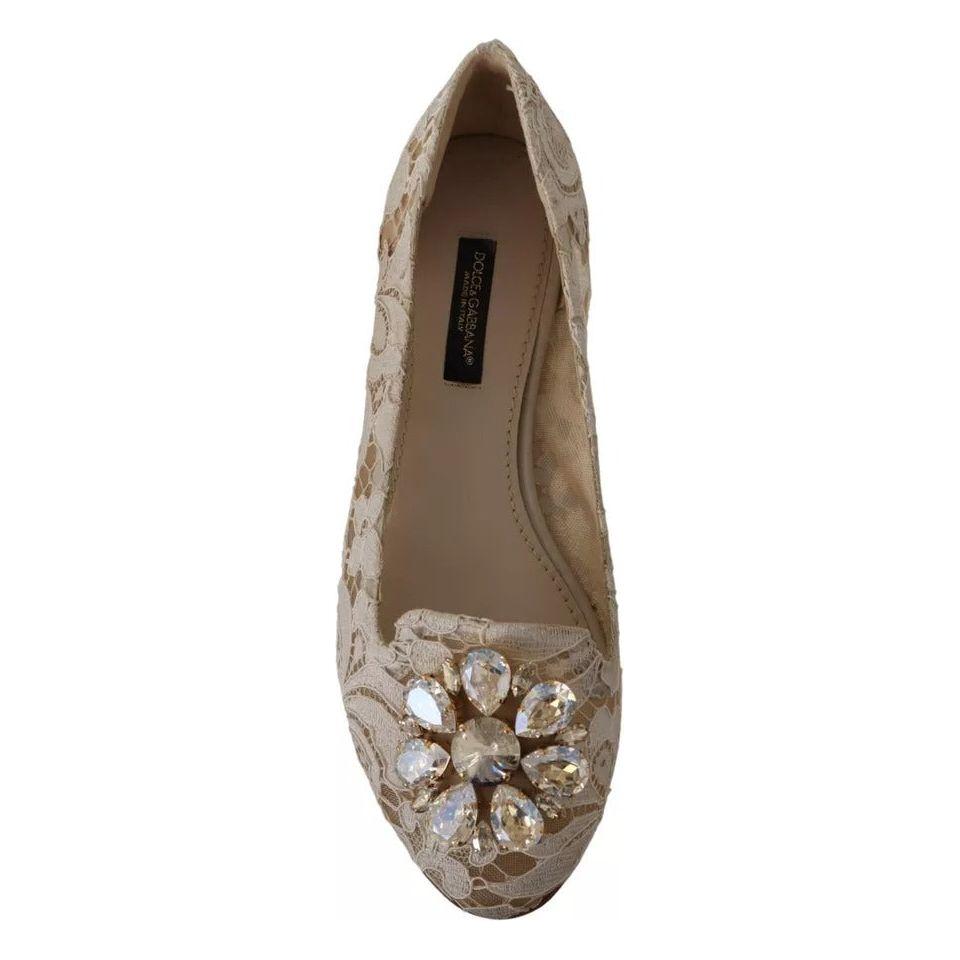 Dolce & Gabbana Beige Lace Crystal Ballet Flats Loafers Shoes Dolce & Gabbana