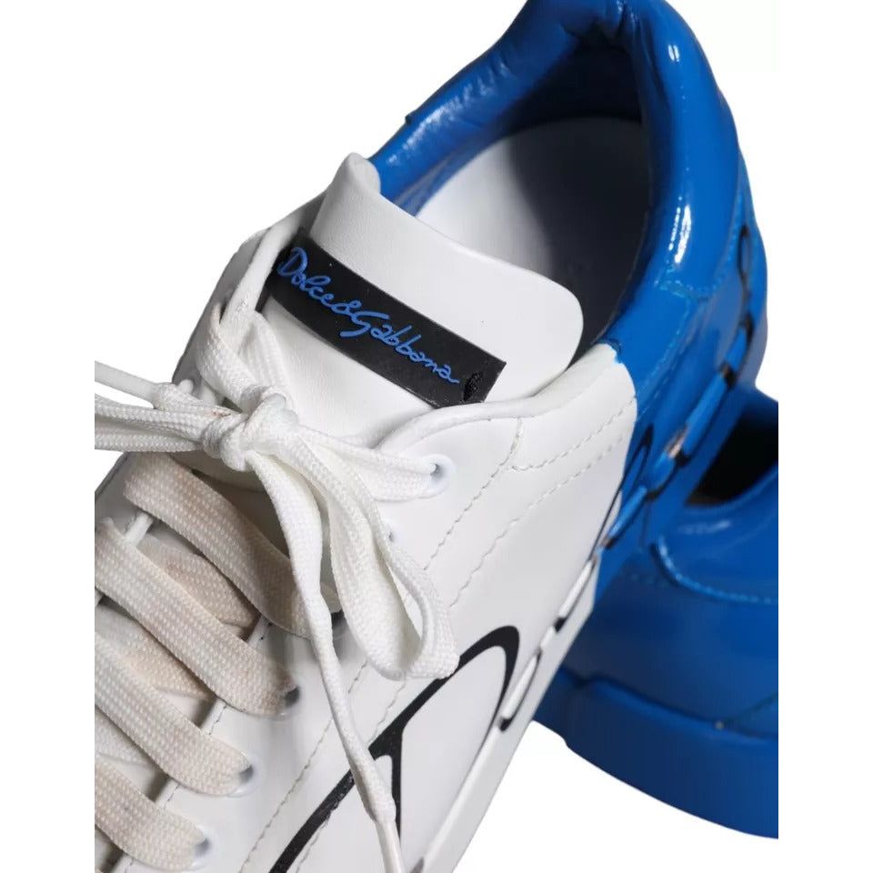 Dolce & Gabbana White Blue Leather Logo Low Top Sneakers Men Shoes Dolce & Gabbana