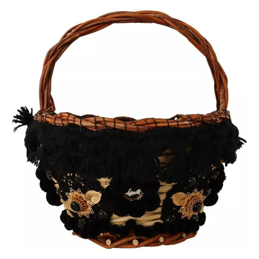 Dolce & Gabbana Black Beige Straw Basket Tote Pom Pom Crystals Bag Dolce & Gabbana