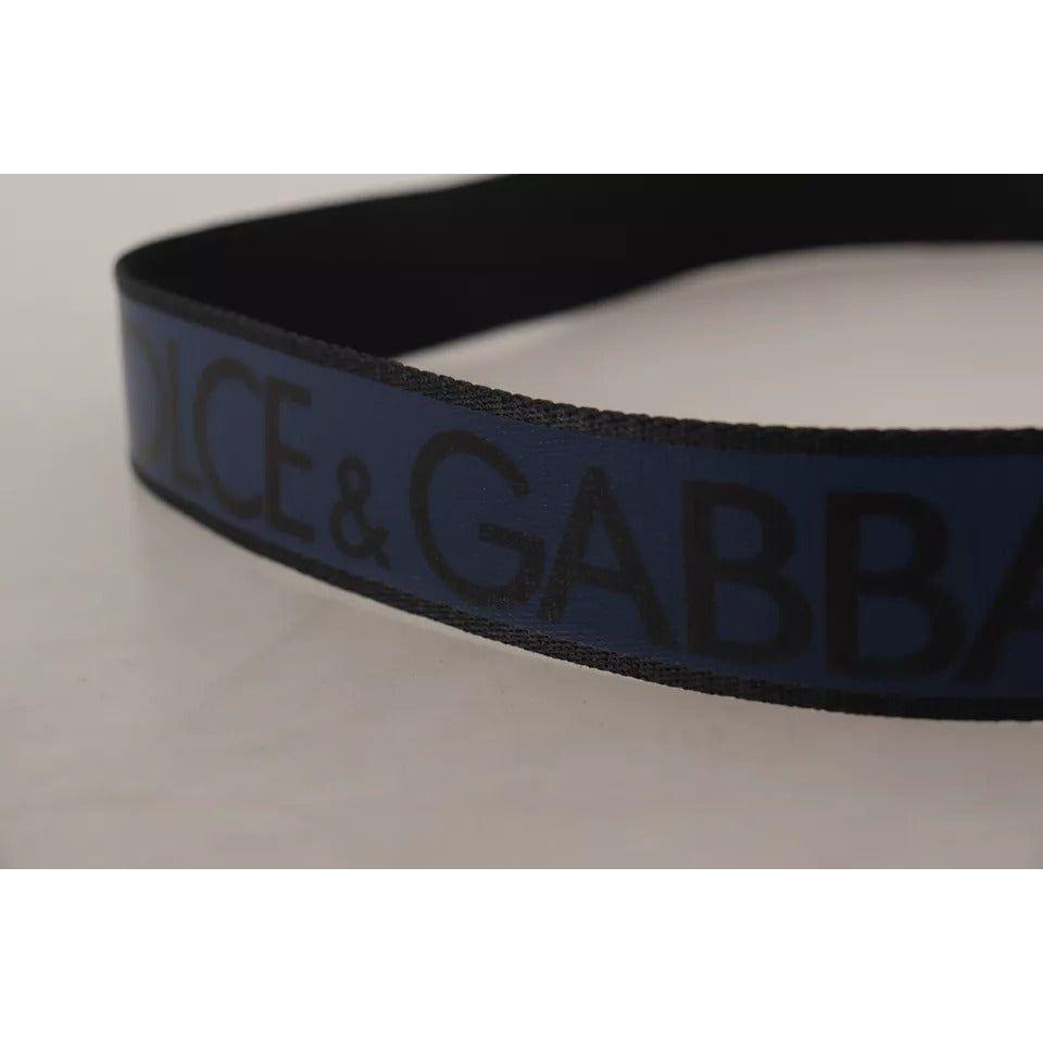 Dolce & Gabbana Blue Black Logo Print Silver Buckle Belt Dolce & Gabbana