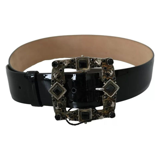 Dolce & Gabbana Black Shiny Leather Crystal Logo Buckle Belt Dolce & Gabbana