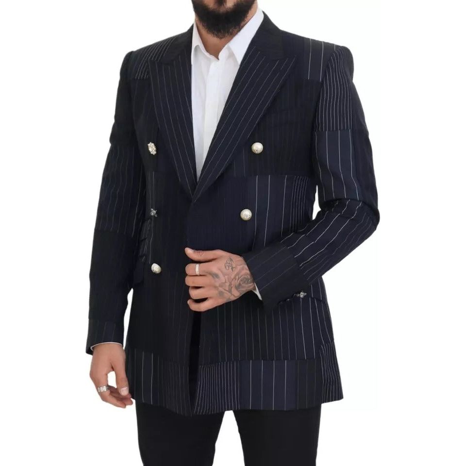 Dolce & Gabbana Blue Wool Patchwork Double Breasted Blazer Dolce & Gabbana