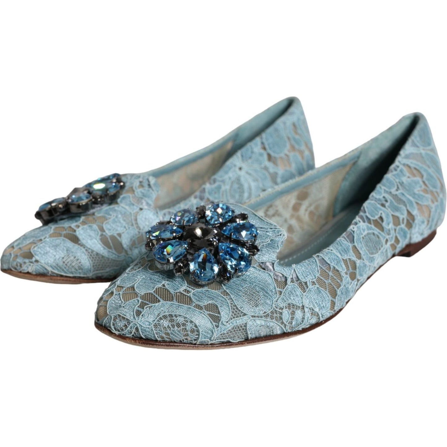 Dolce & Gabbana Blue Lace Crystal Ballet Flats Loafers Shoes