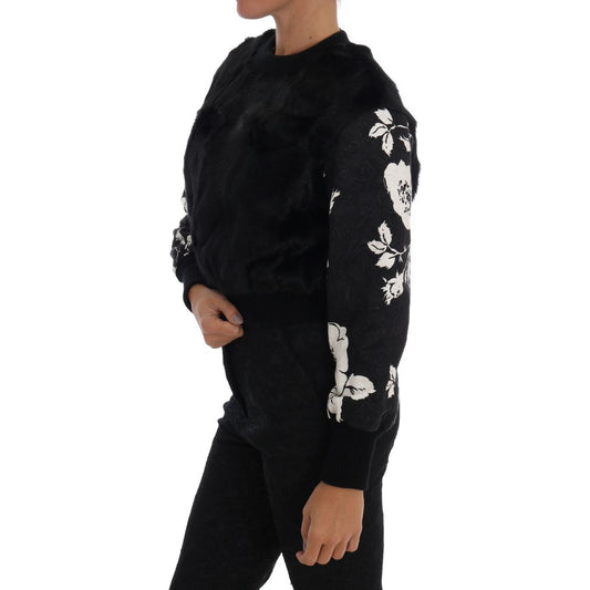 Dolce & Gabbana Floral Brocade Black Fur Sweater Dolce & Gabbana