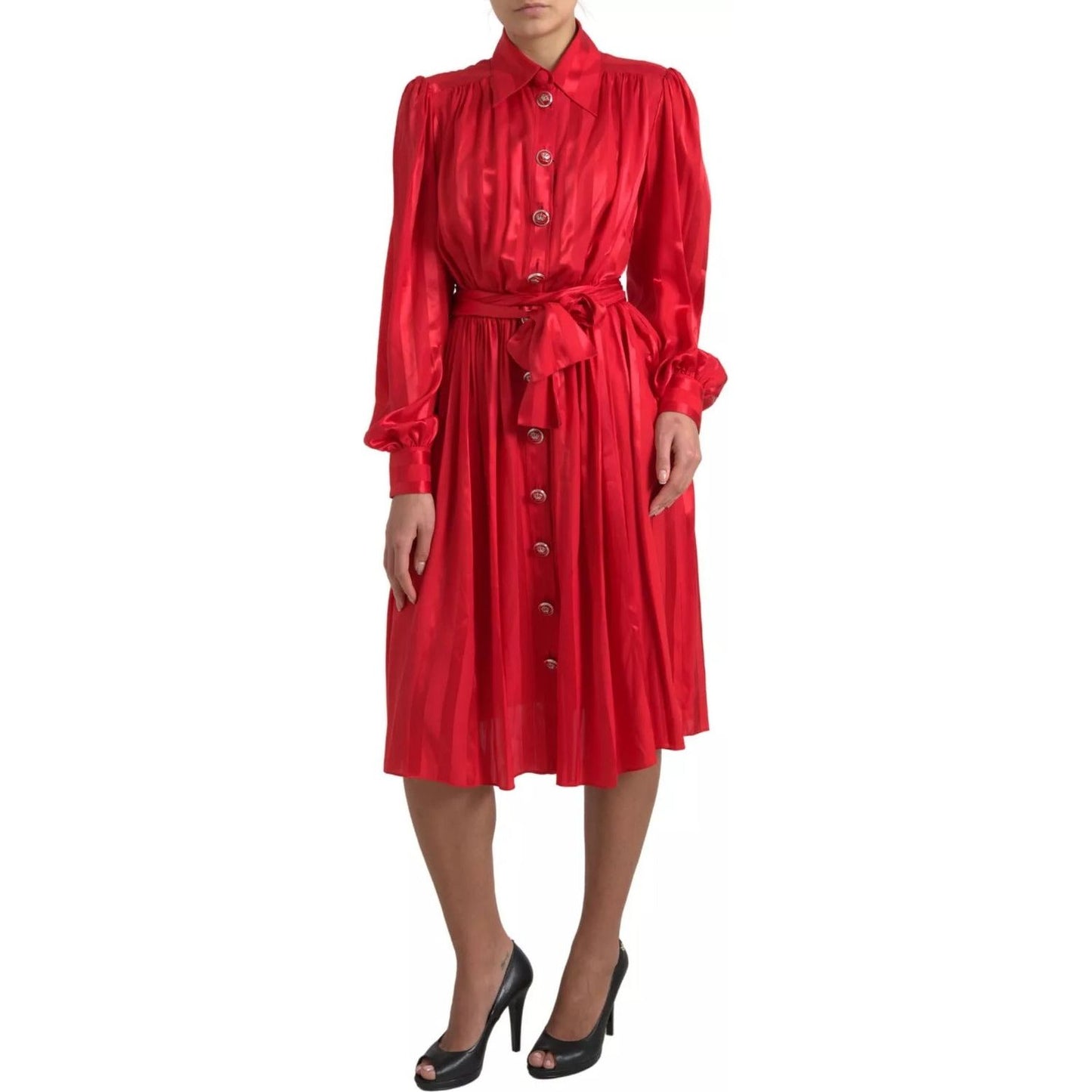 Dolce & Gabbana Elegant Red Silk Midi Dress with Button Detail Dolce & Gabbana