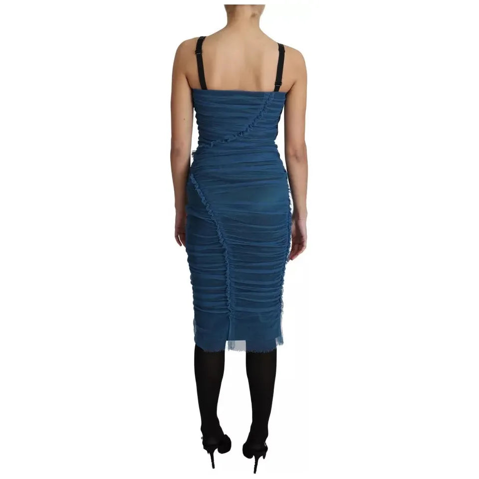 Dolce & Gabbana Blue Draped Tulle Midi Sheath Cotton Dress Dolce & Gabbana