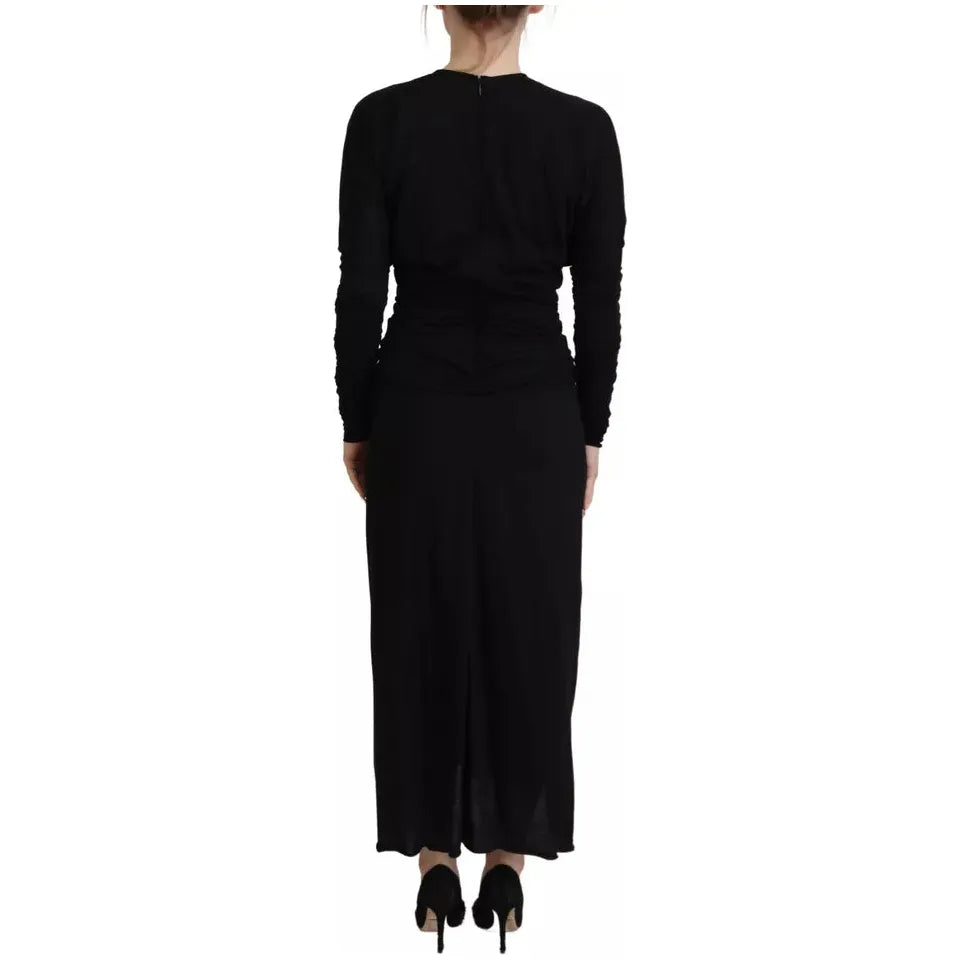 Dolce & Gabbana Black Sheath Midi Gown Wool Wrap Dress Dolce & Gabbana