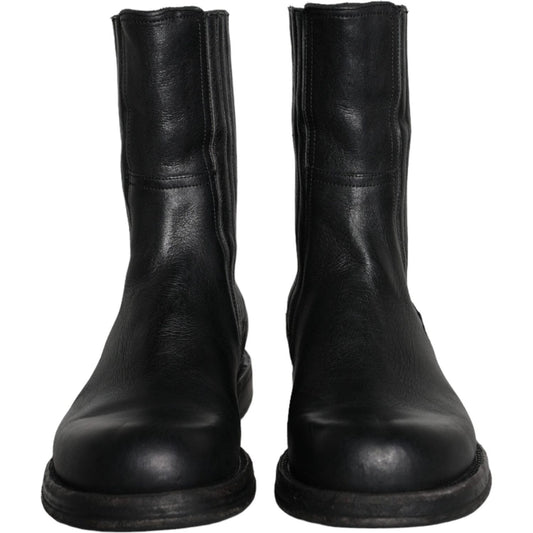 Dolce & Gabbana Black Horse Leather Mid Calf Boots Men Shoes Dolce & Gabbana