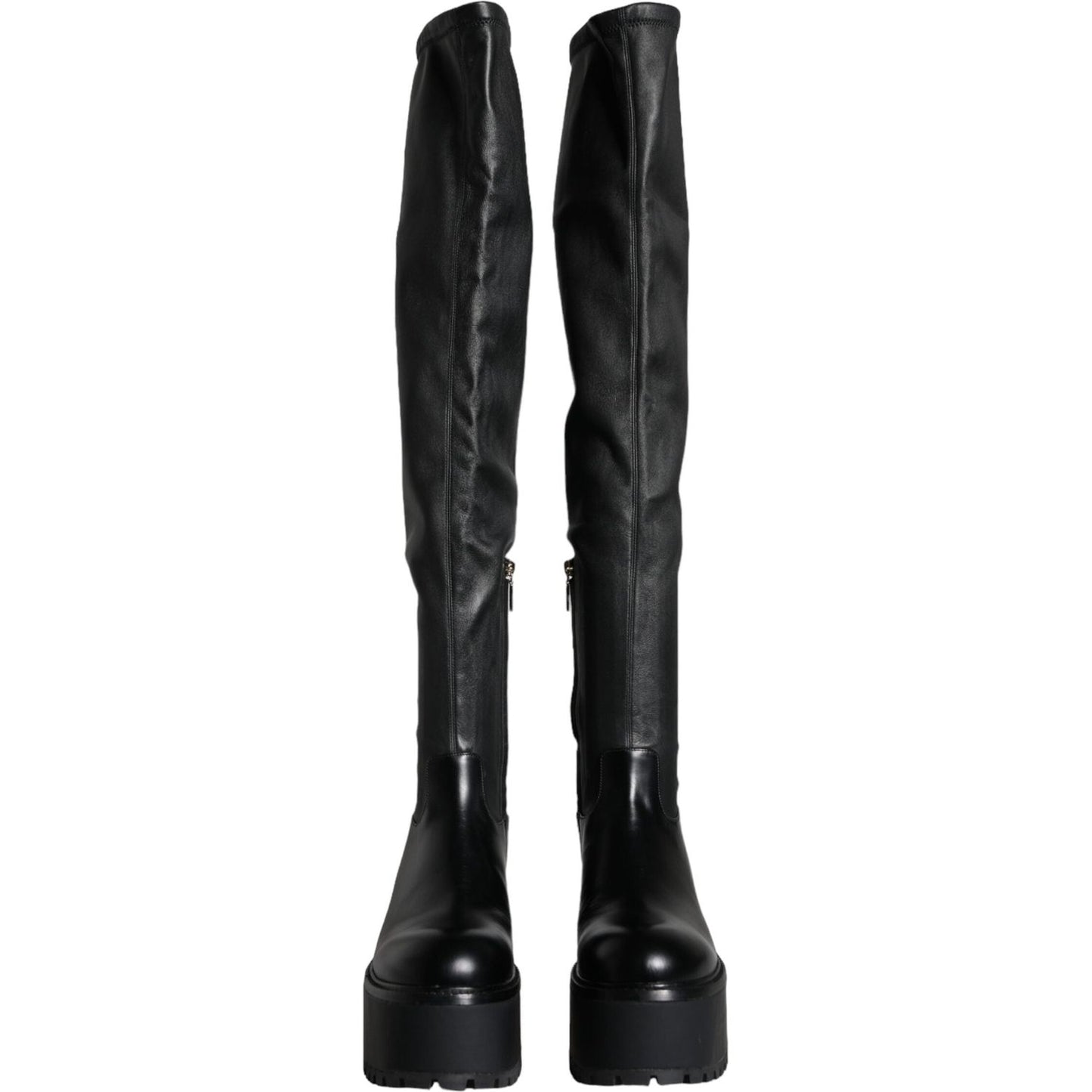 Dolce & Gabbana Black Leather Logo Knee High Boots Shoes Dolce & Gabbana