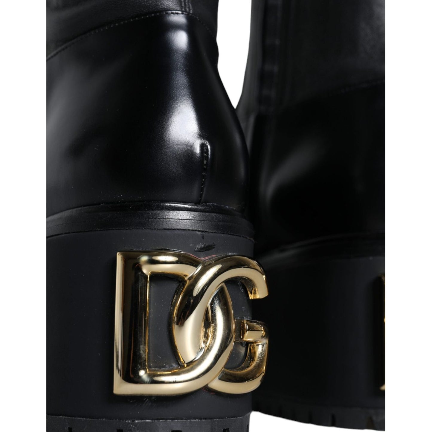 Dolce & Gabbana Black Leather Logo Knee High Boots Shoes Dolce & Gabbana