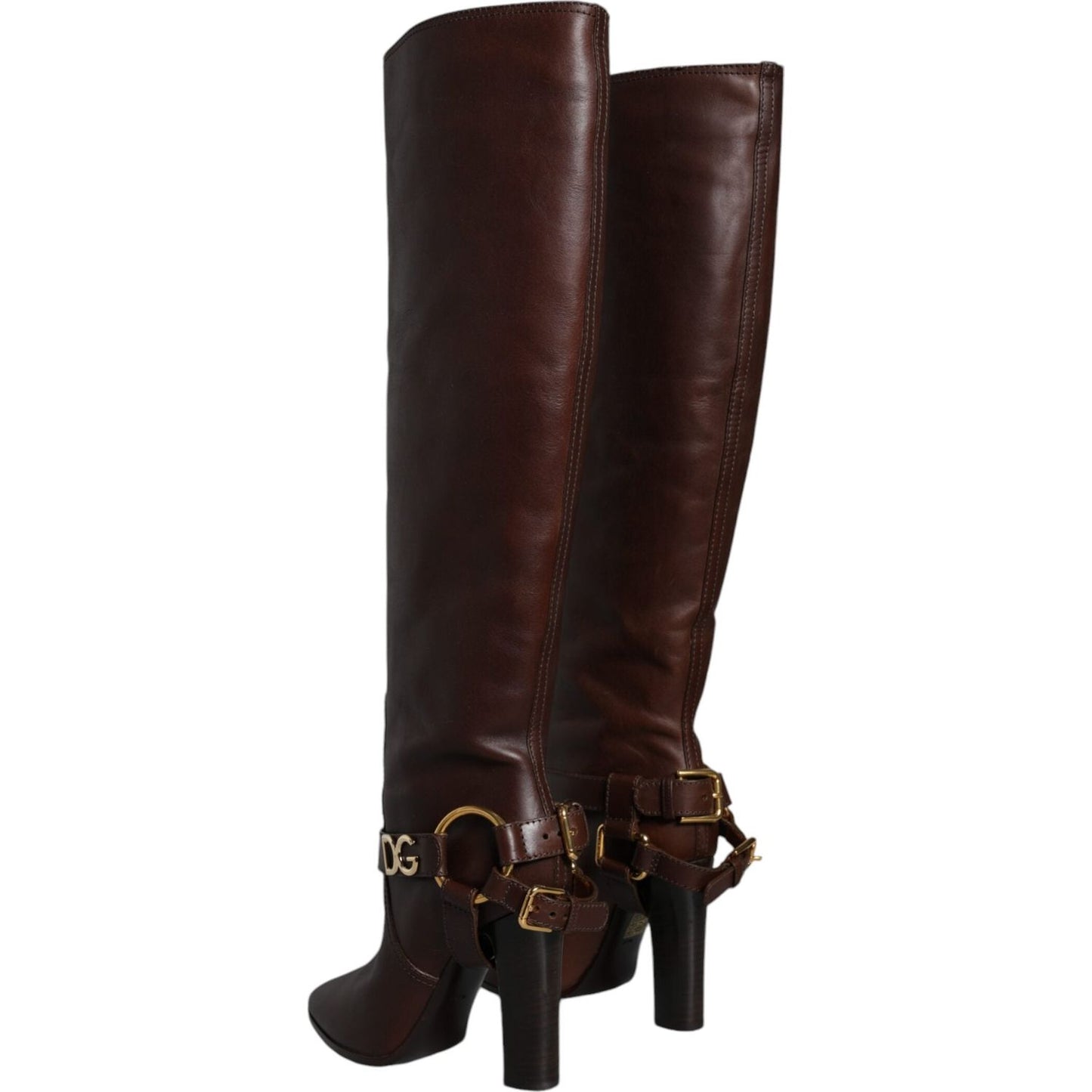 Dolce & Gabbana Brown Leather Gold Tone Logo High Boots Shoes