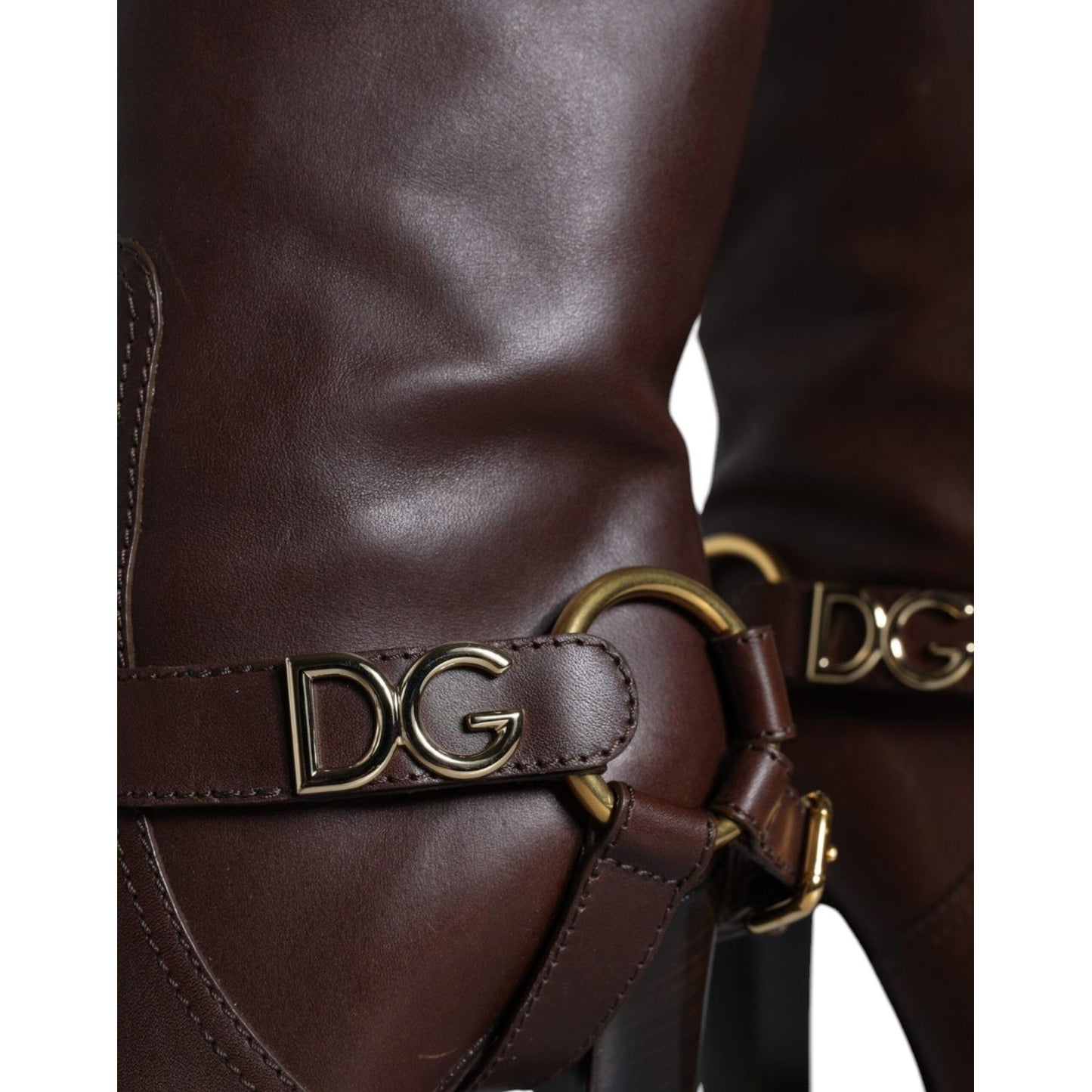 Dolce & Gabbana Brown Leather Gold Tone Logo High Boots Shoes