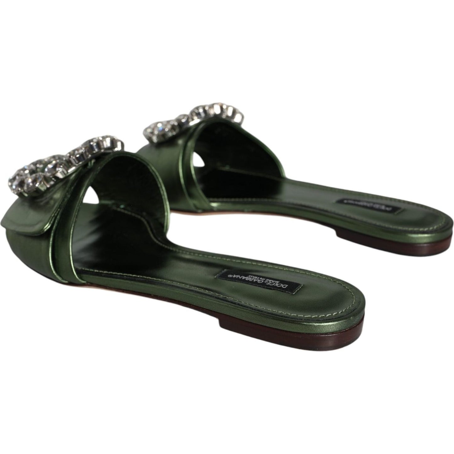 Dolce & Gabbana Metallic Green Crystal Leather Flats Sandals Shoes Dolce & Gabbana