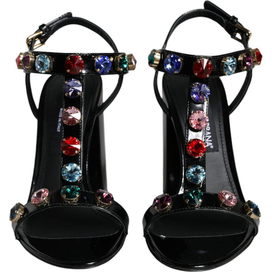 Dolce & Gabbana Black Crystal Leather T-strap Sandals Shoes Dolce & Gabbana