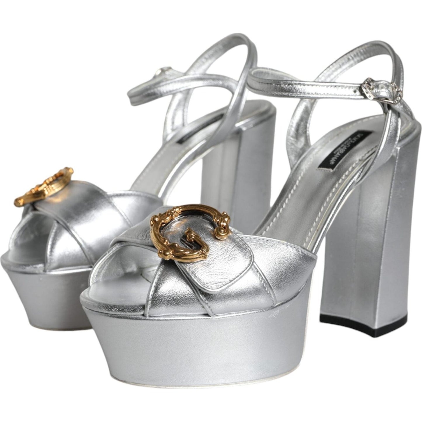 Dolce & Gabbana Silver Leather Platform Logo Keira Sandals Shoes Dolce & Gabbana