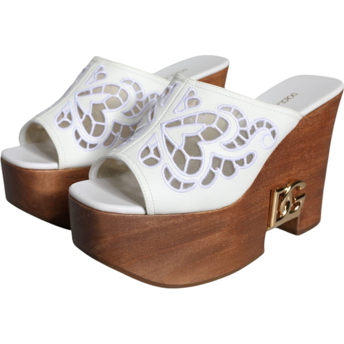 Dolce & Gabbana White Leather Wood Mules Wedge Slides Shoes Dolce & Gabbana