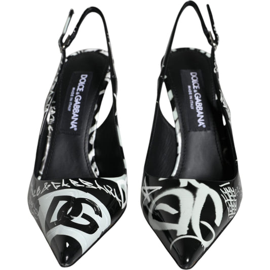 Dolce & Gabbana Black Graffiti Leather Slingback Heels Pumps Shoes Dolce & Gabbana