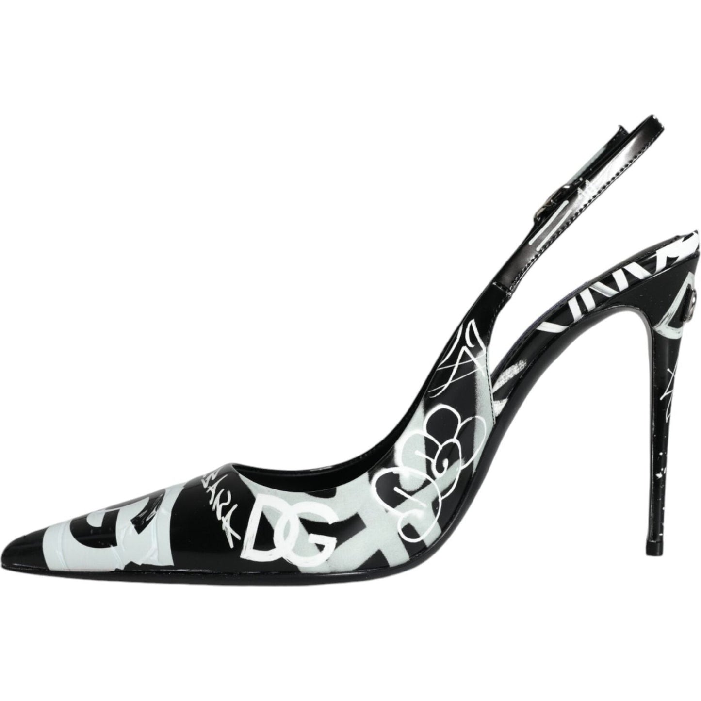 Dolce & Gabbana Black Graffiti Leather Slingback Heels Pumps Shoes Dolce & Gabbana