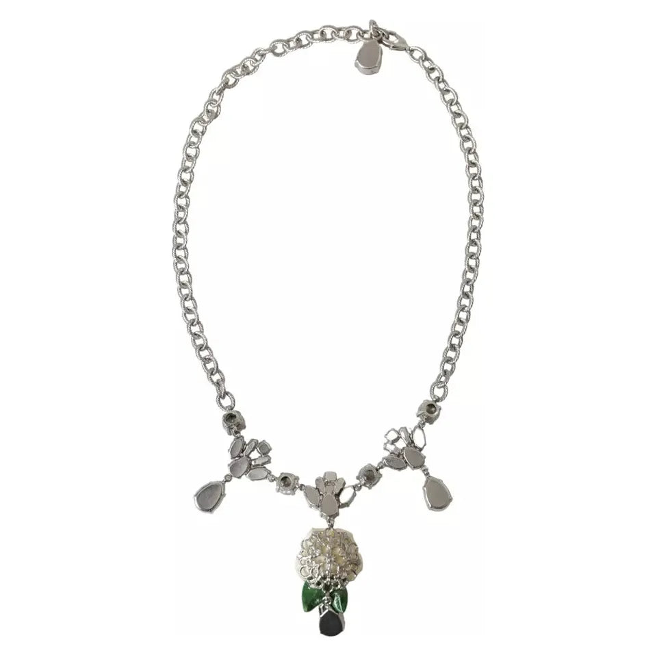 Dolce & Gabbana Silver Brass Clear Crystal Roses Pendants Necklace Necklace Dolce & Gabbana