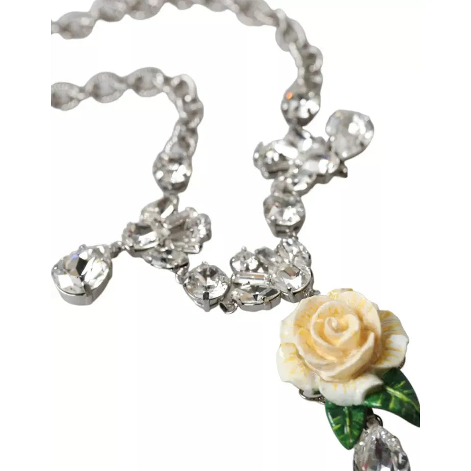 Dolce & Gabbana Silver Brass Clear Crystal Roses Pendants Necklace Necklace Dolce & Gabbana