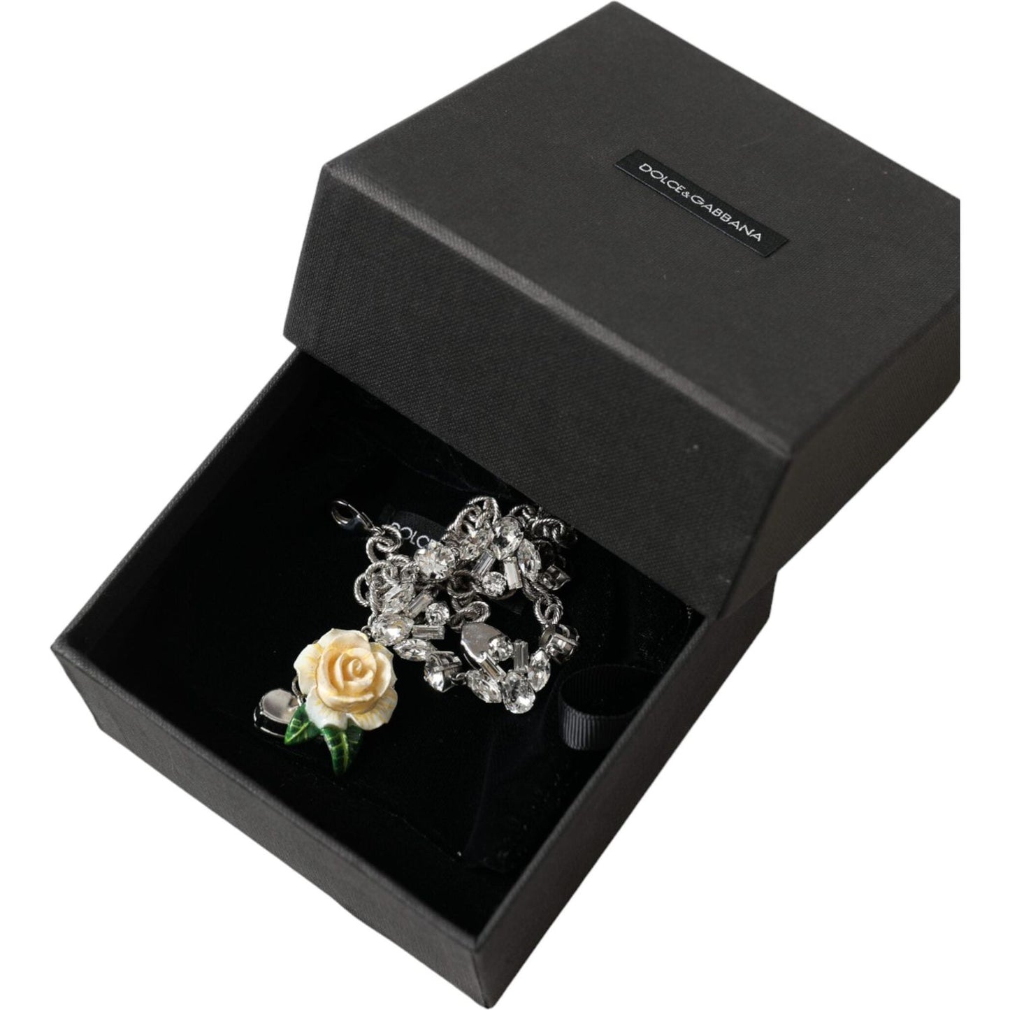 Dolce & Gabbana Silver Brass Clear Crystal Roses Pendants Necklace Necklace Dolce & Gabbana