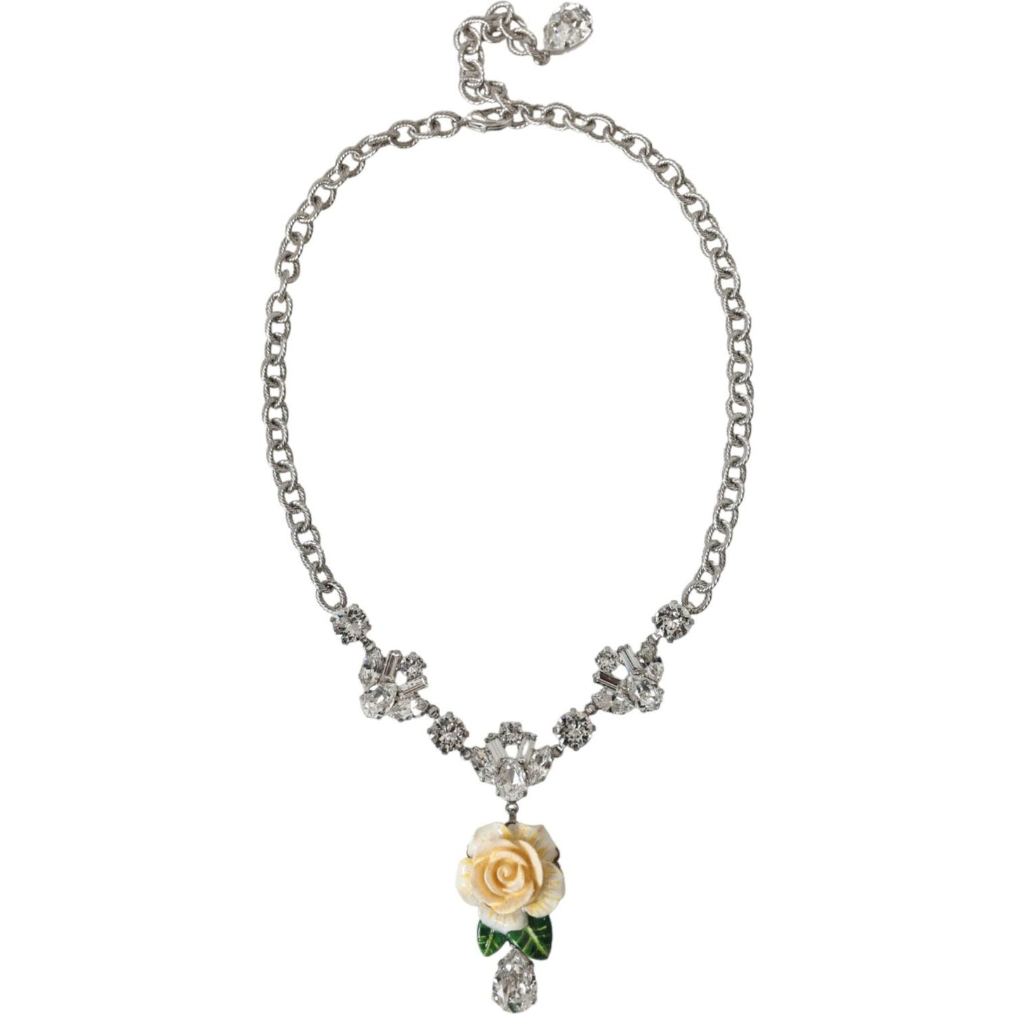 Dolce & Gabbana Silver Brass Clear Crystal Roses Pendants Necklace Necklace Dolce & Gabbana