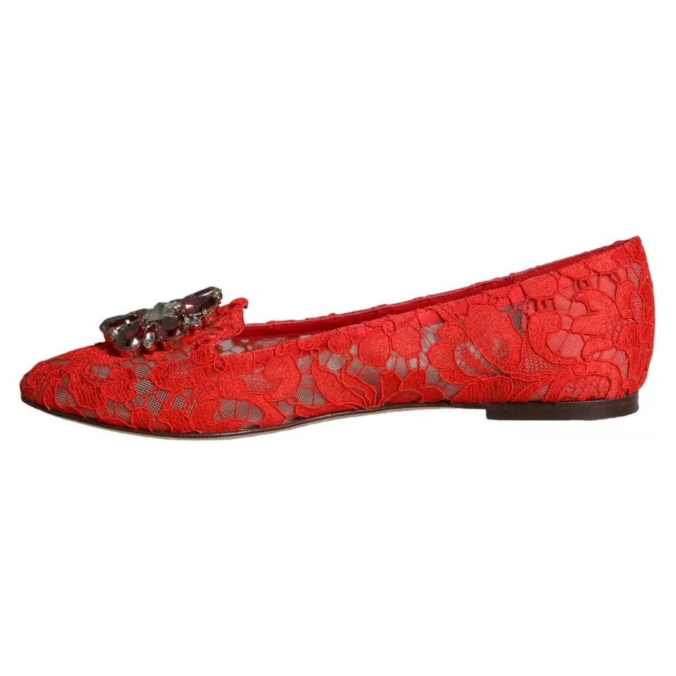 Dolce & Gabbana Red Lace Crystal Ballet Flats Loafers Shoes Dolce & Gabbana