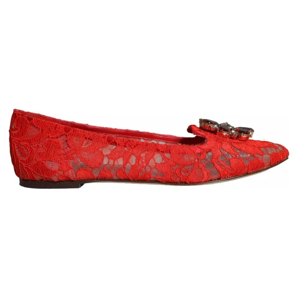 Dolce & Gabbana Red Lace Crystal Ballet Flats Loafers Shoes Dolce & Gabbana